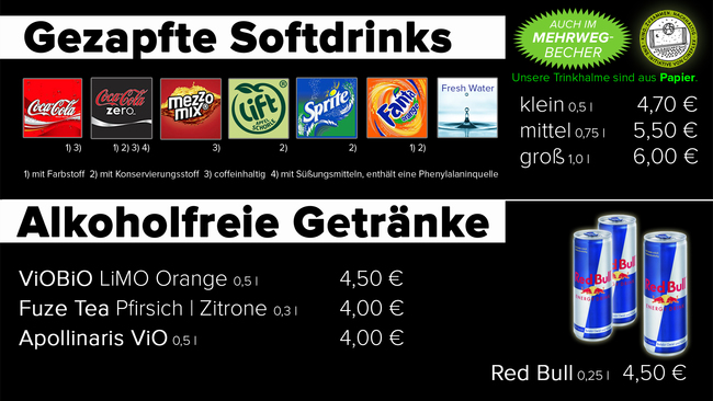 Preistafel für Alkoholfreie Getränke, auch im Mehrwegbecher verfügbar