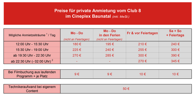 Club 8 im Cineplex Baunatal - Preise