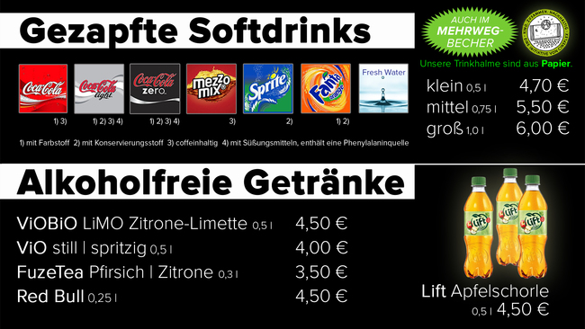 Preistafel für Alkoholfreie Getränke, auch im Mehrwegbecher verfügbar